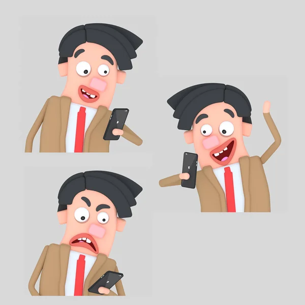 Emoções Diferentes Num Homem Olhar Para Seu Smartphone Ilustração — Fotografia de Stock
