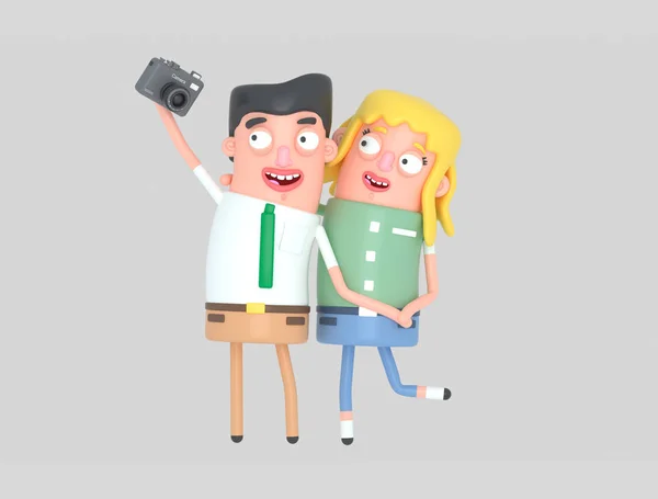 Coppia Innamorata Scattare Una Foto Selfie Con Una Fotocamera Illustrazione — Foto Stock