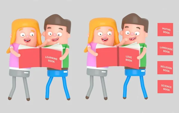 Kids reading a red book. 3d illustration
