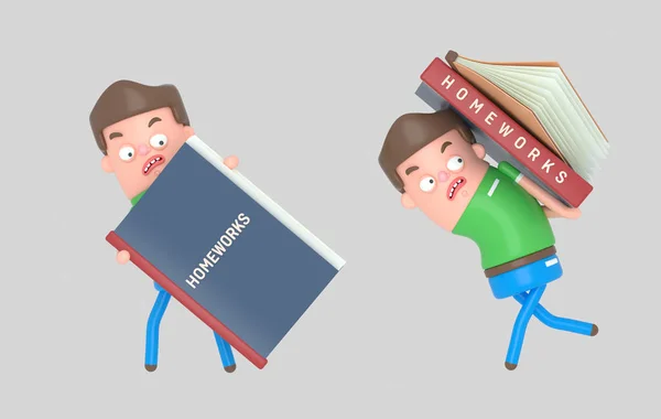 Boy carrying a homework book. 3d illustration