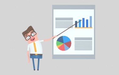 İşadamı grafik gemide açıklayan. 3D çizim