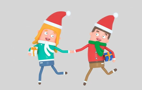 Christmas Ung Par Kör Med Gåvor Illustration — Stockfoto
