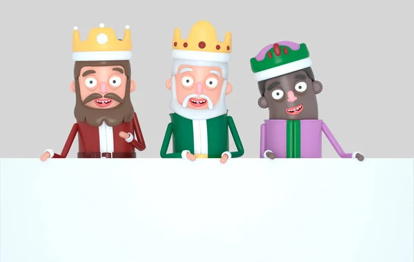 Três Reis Mágicos Segurando Cartaz Branco Isolado Ilustração — Fotografia de Stock