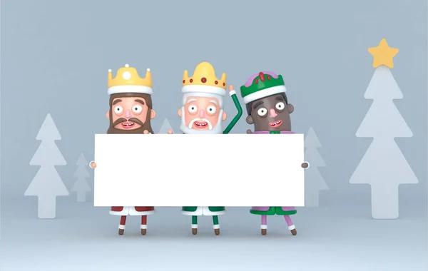 Tres Reyes Magos Sosteniendo Una Pancarta Blanca Bosque Aislado Ilustración — Foto de Stock