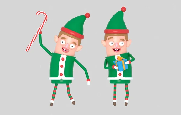 Junge Süße Elfe Weihnachtsmann Weihnachtsgeschenk Halten Illustration — Stockfoto
