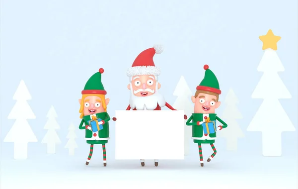 Casal Elfo Papai Noel Segurando Cartaz Branco Conjunto Floresta Ilustração — Fotografia de Stock