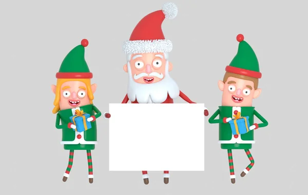 Una Coppia Elfi Babbo Natale Con Mano Cartello Bianco Illustrazione — Foto Stock