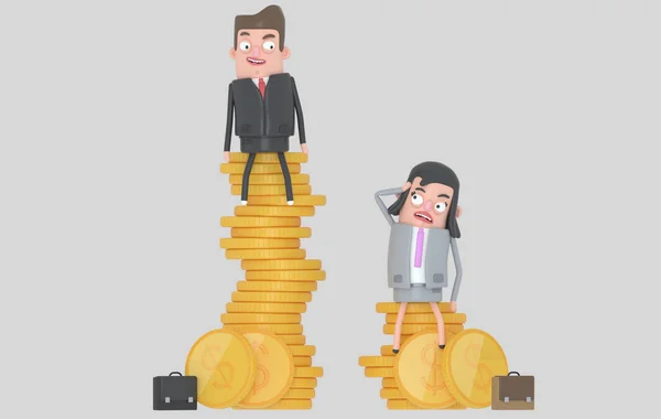 Gender Wage Difference Concept Man Woman Sitting Top Pile Coins — Stock Photo, Image