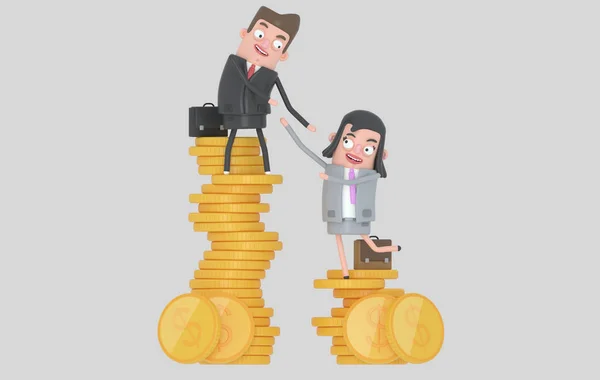 Income Inequality Concept Man Woman Climbing Piles Coins Isolated Isolated — Stock Photo, Image