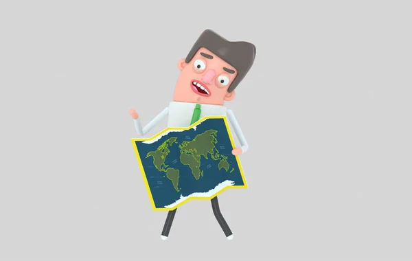 Uomo Sta Guardando Carta Geografica Del Mondo Illustrazione Isolato Isolato — Foto Stock