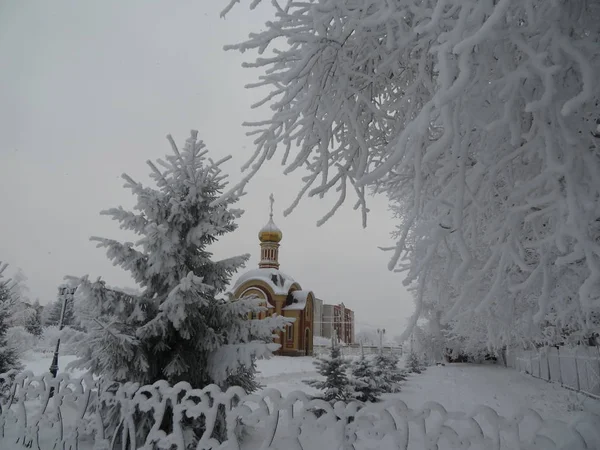 Trees Covered Frost Frame Chapel — Stock Photo, Image