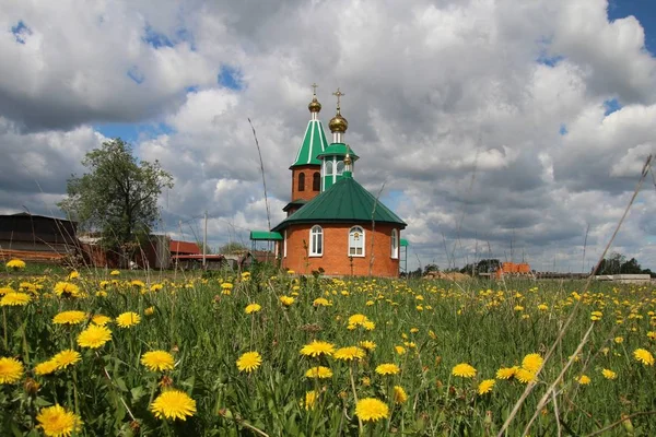 Landscape with a view of dandelions and village church in Russia — Stock Photo, Image