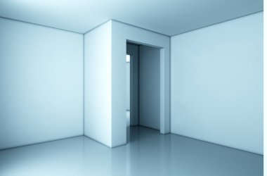 İç işlemesi ile boş oda beyaz duvar ev ve çeşitli Konuk odası vardır. yansıma katlıdır. 3D render