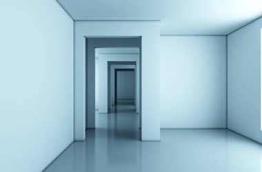 İç işlemesi ile boş oda beyaz duvar ev ve çeşitli Konuk odası vardır. yansıma katlıdır. 3D render