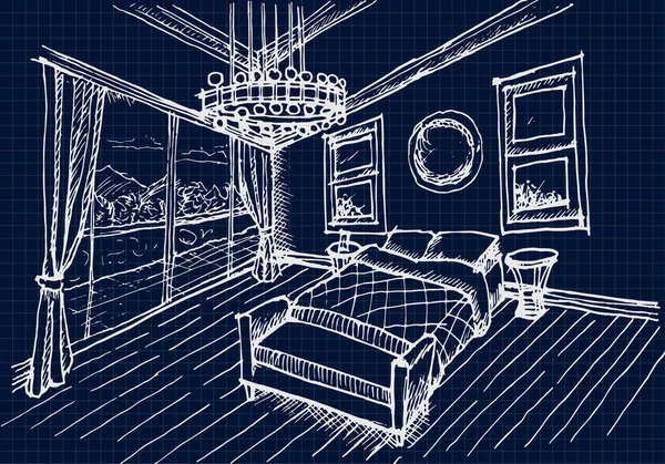 Desenho Mão Design Interiores Para Quarto Fundo Impressão Azul Vector —  Vetores de Stock