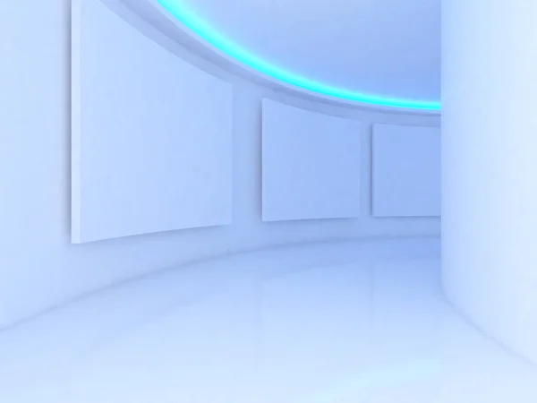 Empty Room White Canvas Curve Wall Blue Light Gallery Rendering — Stock Photo, Image