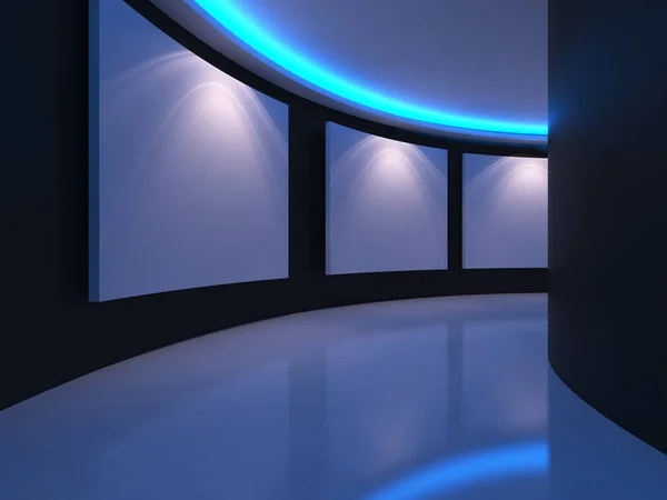 Άδειο Δωμάτιο Λευκό Καμβά Μια Καμπύλη Μαύρο Τοίχο Μπλε Φως — Φωτογραφία Αρχείου