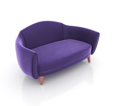 Menekşe Upholstered kumaş eğrisi kanepe izole beyaz arka plan üzerinde. isomatric görünümü. İç mobilya, 3d render
