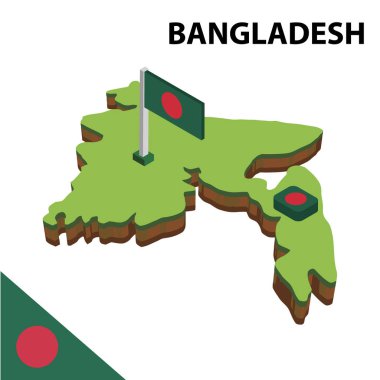 Izometrik harita ve Bangladeş bayrağı. 3d isometrik Vektör Çizimi