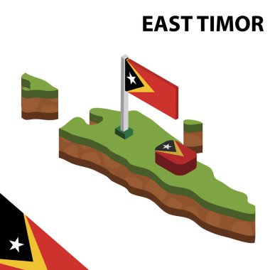 Izometrik harita ve Doğu Timor bayrağı. 3d isometrik Vektör Çizimi