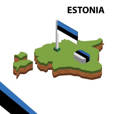 Izometrik harita ve Estonya bayrağı. 3d isometrik Vektör Çizimi