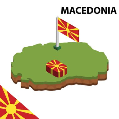 Izometrik harita ve Makedonya bayrağı. 3d isometrik Vektör Çizimi