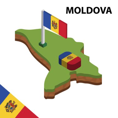 Izometrik harita ve Moldova bayrağı. 3d isometrik Vektör Çizimi