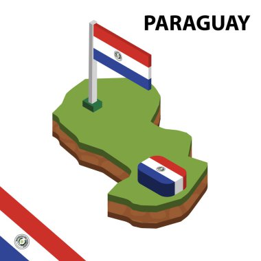 Izometrik harita ve Paraguay bayrağı. 3d isometrik Vektör Çizimi