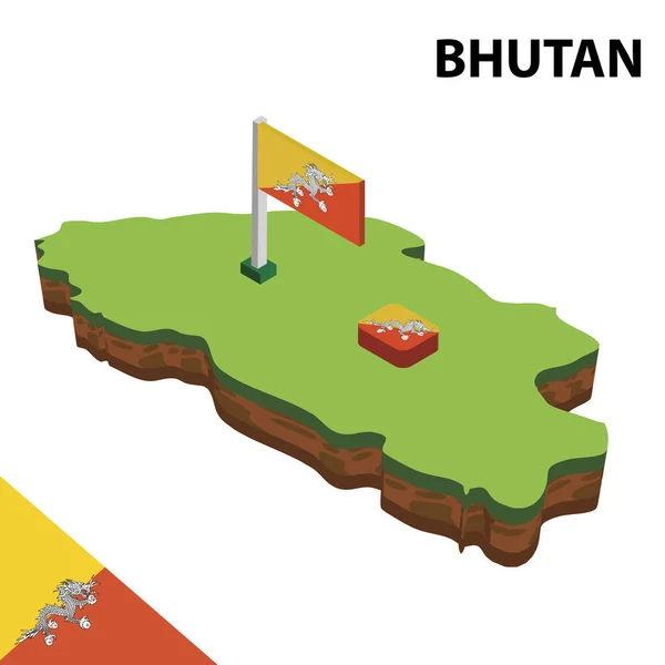 Izometrik harita ve Bhutan bayrağı. 3d isometrik Vektör Çizimi