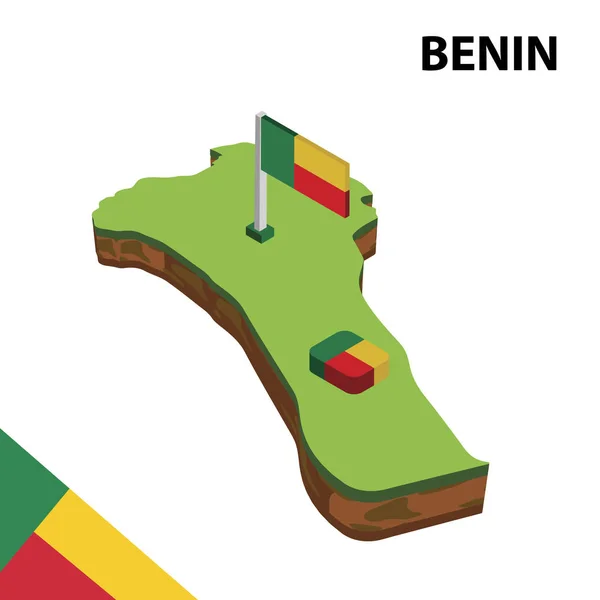 Izometrik harita ve benin bayrağı. 3d isometrik Vektör Çizimi