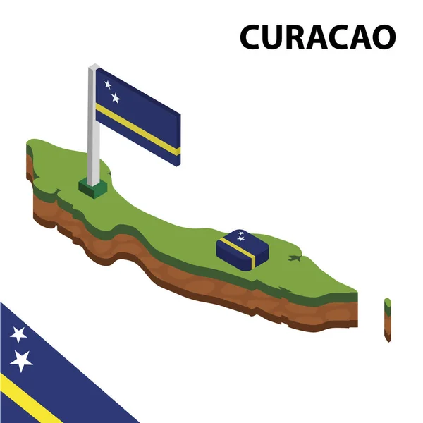 Izometrik harita ve Curacao bayrağı. 3d isometrik Vektör Çizimi