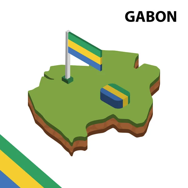 Izometrik harita ve Gabon bayrağı. 3d isometrik Vektör Çizimi