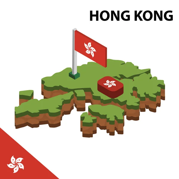 Izometrik harita ve Hong Kong bayrağı. 3d isometrik Vektör Çizimi