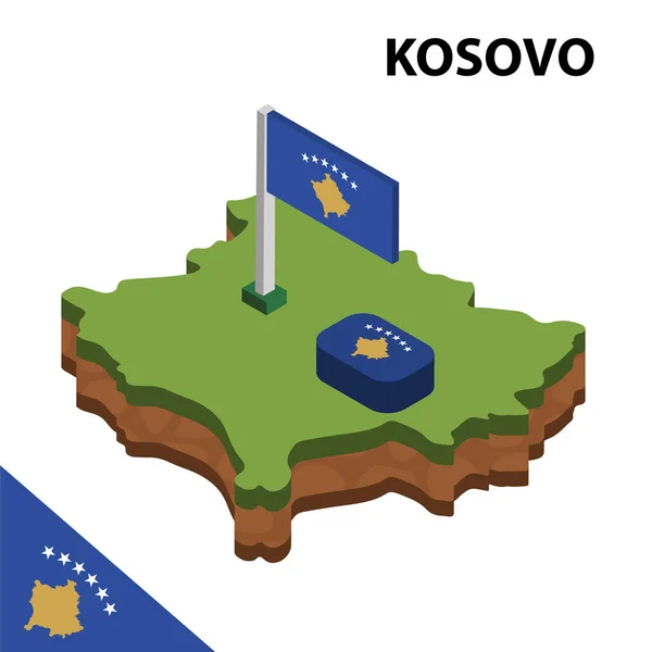 科索沃等轴测地图和旗帜 等轴测矢量插图 — 图库矢量图片