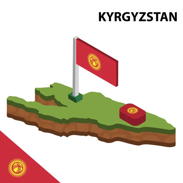 İzometrik harita ve Kırgızistan bayrağı. 3d isometrik Vektör Çizimi