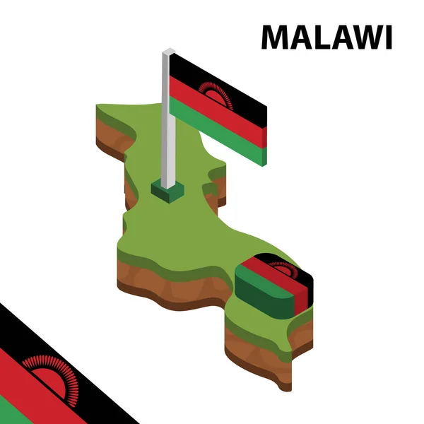 Izometrická Mapa Vlajka Malawi Prostorový Izometrický Vektorový Obrázek — Stockový vektor