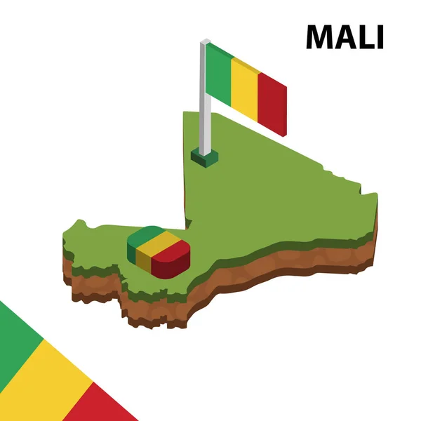 Izometrik harita ve Mali bayrağı. 3d isometrik Vektör Çizimi