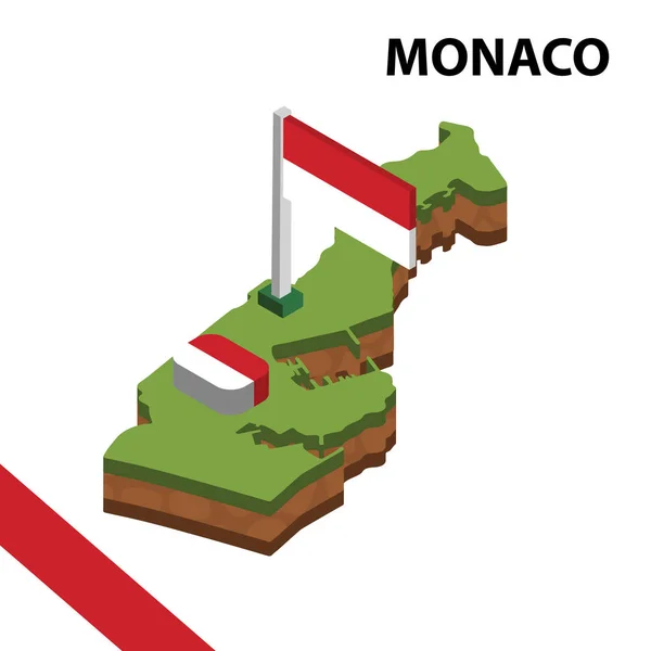 Izometrik harita ve Monako bayrağı. 3d isometrik Vektör Çizimi