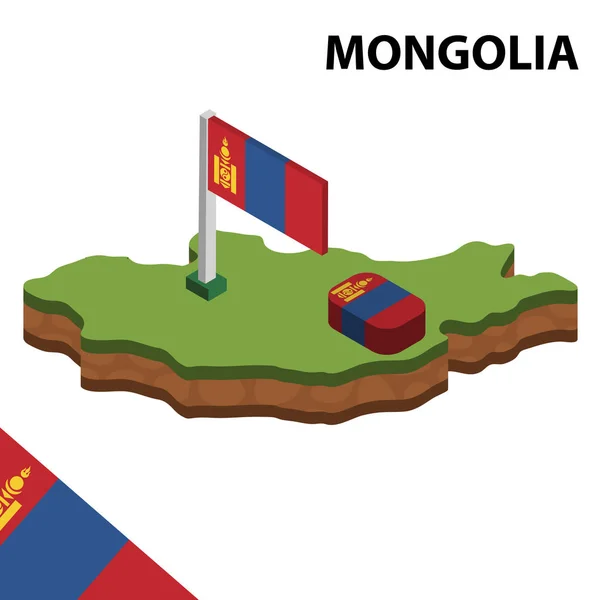 Mappa Isometrica Bandiera Della Mongolia Illustrazione Vettoriale Isometrica — Vettoriale Stock