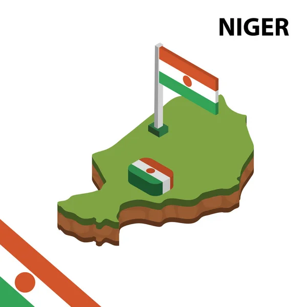 Изометрическая Карта Флаг Нигера Иллюстрация Трёхмерного Изометрического Вектора — стоковый вектор