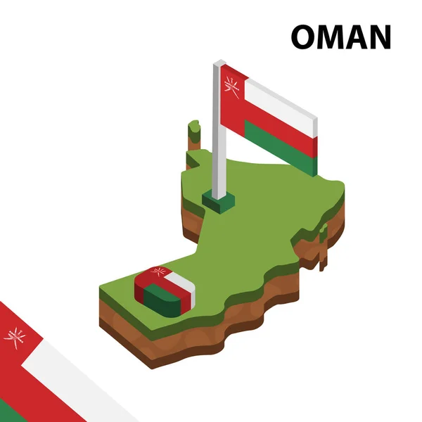 Izometrik harita ve Umman bayrağı. 3d isometrik Vektör Çizimi