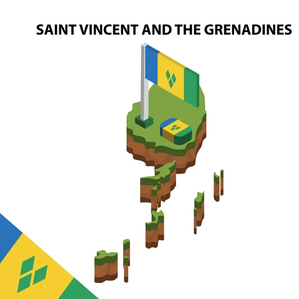 Izometrik harita ve Saint Vincent ve Grenadinler bayrağı. 3d isometrik Vektör Çizimi