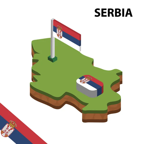 Izometrik harita ve Sırbistan bayrağı. 3d isometrik Vektör Çizimi