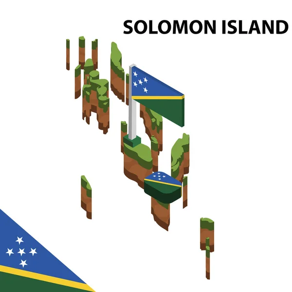 Izometrik harita ve Solomon Adası bayrağı. 3d isometrik Vektör Çizimi