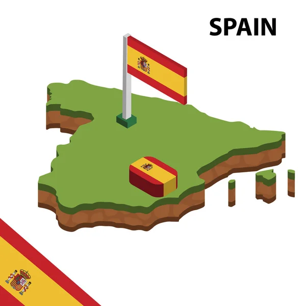 Isometrisk Karta Och Flagga Spanien Isometrisk Vektor Illustration — Stock vektor