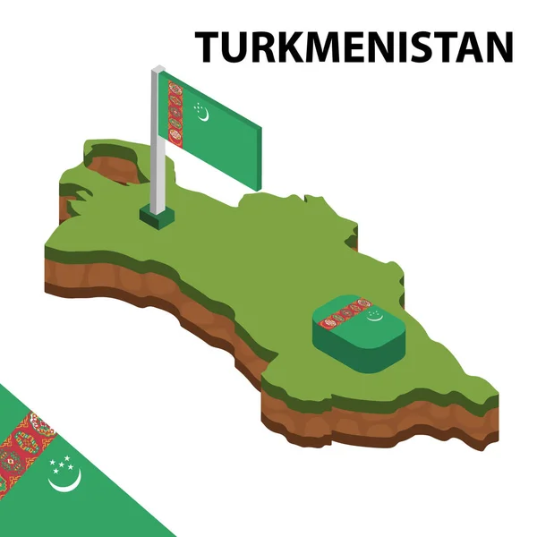 Izometrická Mapa Vlajka Turkmenistánu Prostorový Izometrický Vektorový Obrázek — Stockový vektor