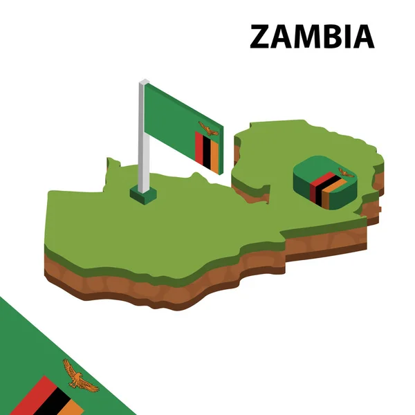 Izometrická Mapa Vlajka Zambie Prostorový Izometrický Vektorový Obrázek — Stockový vektor