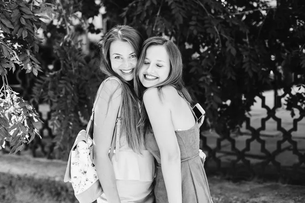 Beautiful Girls Dresses Hug Laugh Heartily Best Friends Have Fun — Stock Photo, Image