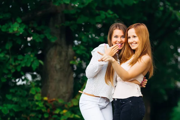 Iki Kız Parkta Önemli Bir Şey Tartışırken Eğleniyor — Stok fotoğraf