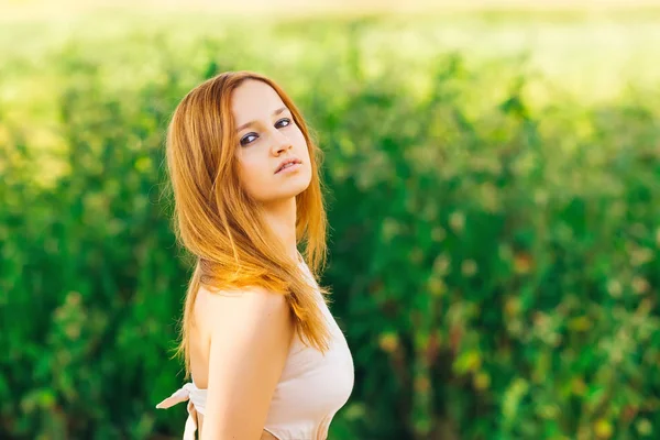 Girl Gentle Makeup Raised Chin Looks Camera Lens Background High — Stock Photo, Image